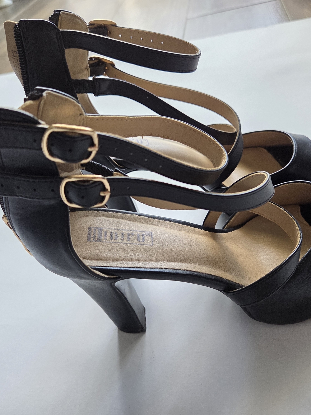 IDIFU Black Strappy Platform High Heels with Gold Buckles
